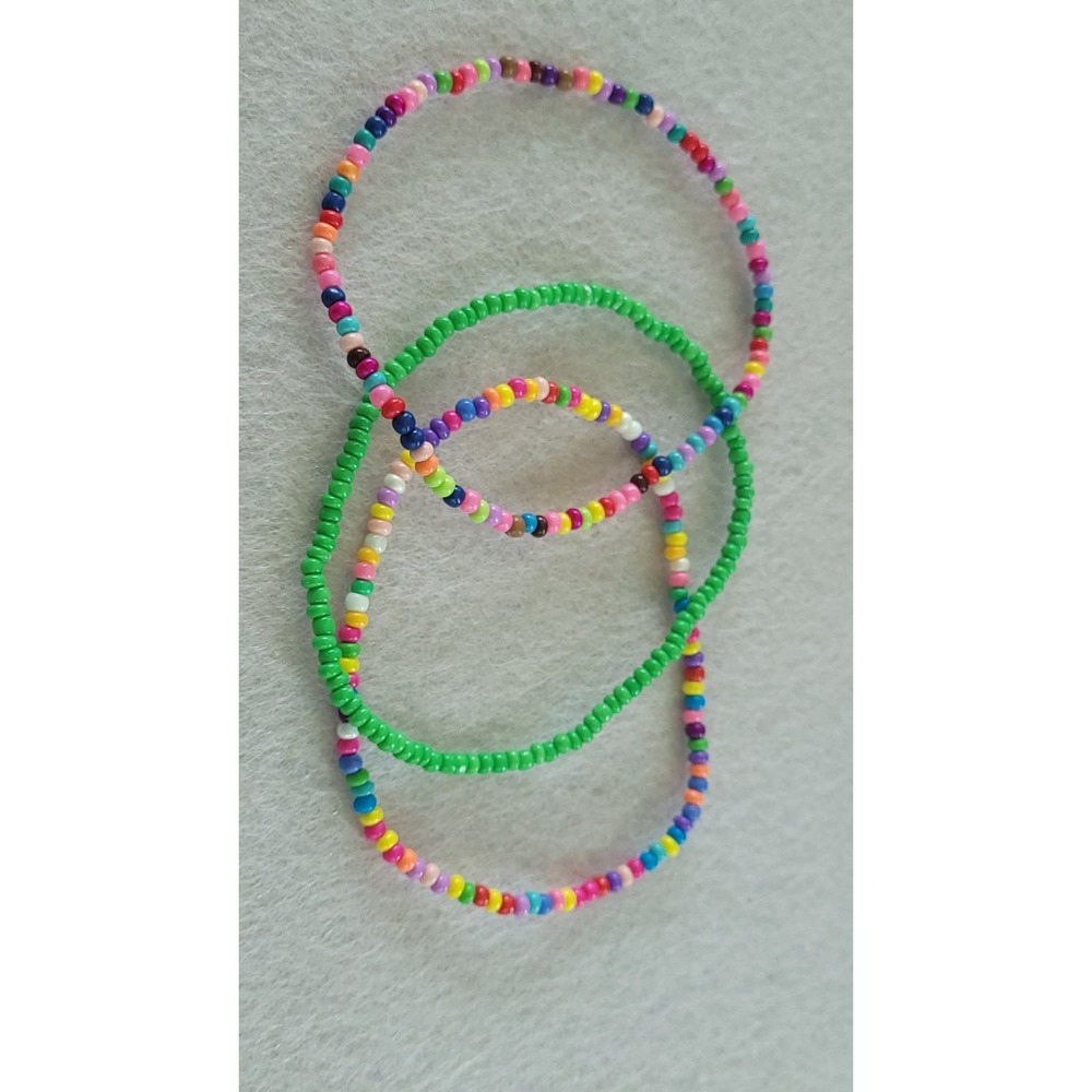Handmade Seed Bead Bracelet Lot 3 Stretch Rainbow Green Stackable Boho